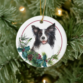 Border Collie Evergreen Berry Wreath Keramik Ornament