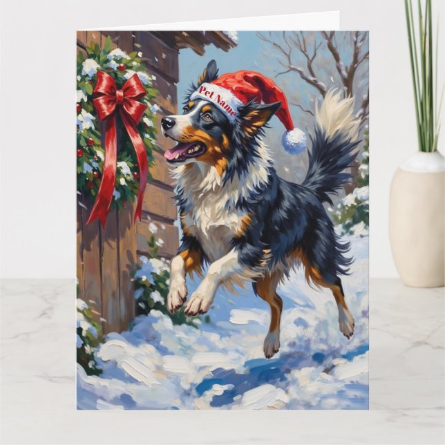 Border Collie fängt Weihnachts-Schleife im Sprung  Karte (Vorderseite)