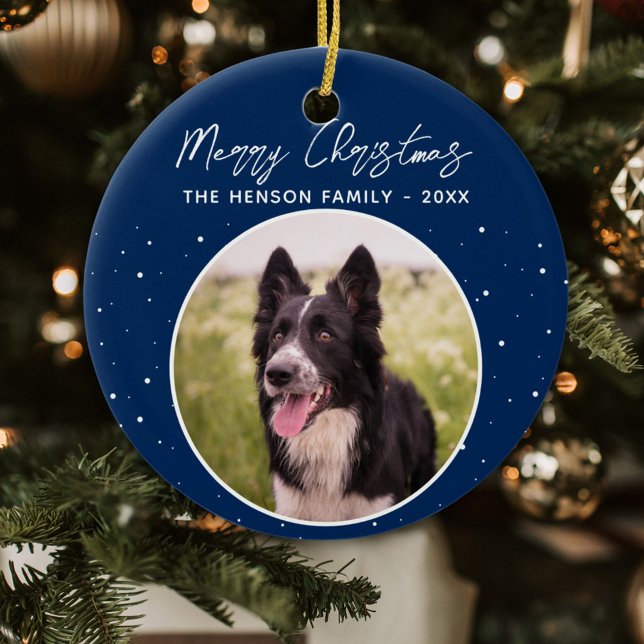 Border Collie Foto Family Frohe Weihnachten Blau Keramik Ornament (Von Creator hochgeladen)