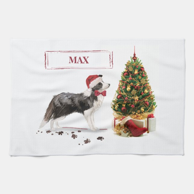 Border Collie Funny Christmas Dog mit Baum Geschirrtuch (Horizontal)