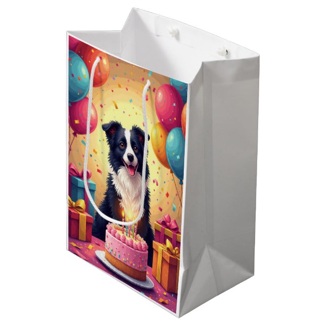 Border Collie Geburtstagsfeier Mittlere Geschenktüte (Vorderseite Schrägansicht)