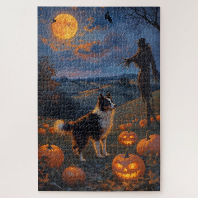 Border Collie Halloween-Kürbisfeld Kunst Puzzle (Vertikal)