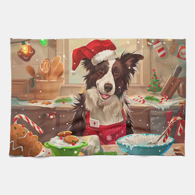 Border Collie Holiday Baking: Feierliche Weihnacht Geschirrtuch (Horizontal)