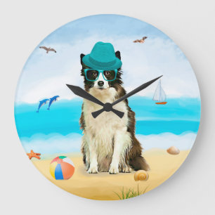 Border Collie Hund am Strand Große Wanduhr