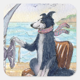 Border Collie Hund, der die Wellen auf See aufrund Quadratischer Aufkleber