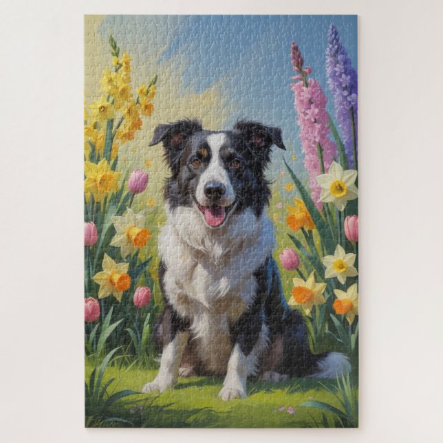 Border Collie Hund Frühlingsblumen Malerei Puzzle (Vertikal)