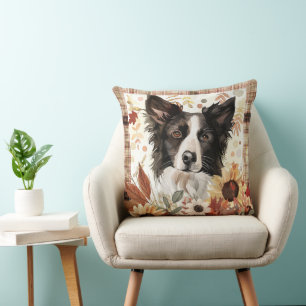Border Collie Hund Herbst Aquarell Blumen Kissen