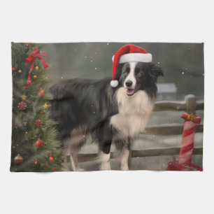 Border Collie Hund im Schnee Weihnachten Geschirrtuch