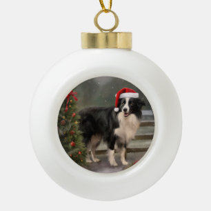 Border Collie Hund im Schnee Weihnachten Keramik Kugel-Ornament