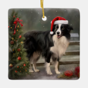 Border Collie Hund im Schnee Weihnachten Keramikornament