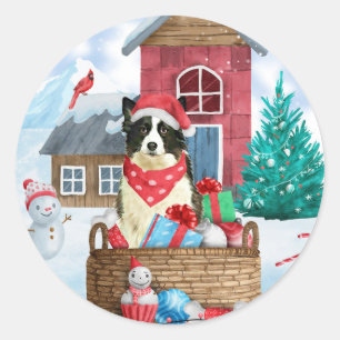 Border Collie Hund im Schnee Weihnachtshundehaus Runder Aufkleber