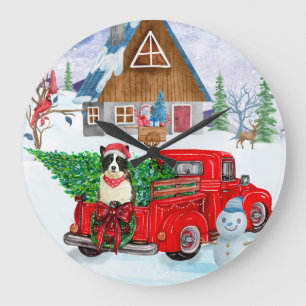 Border Collie Hund im Weihnachtslieferwagen Schnee Große Wanduhr