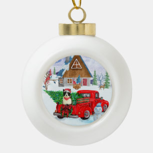 Border Collie Hund im Weihnachtslieferwagen Schnee Keramik Kugel-Ornament