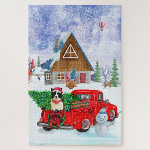 Border Collie Hund im Weihnachtslieferwagen Schnee Puzzle