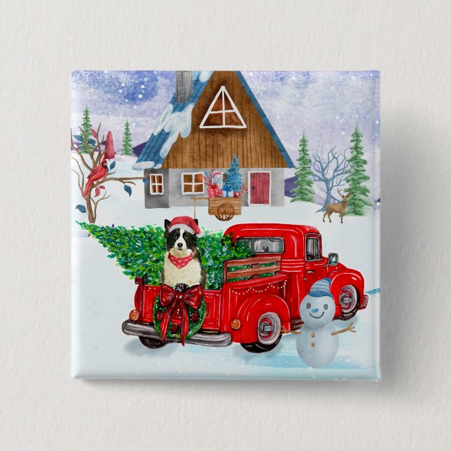 Border Collie Hund in Christmas Delivery LKW Schne Button (Vorderseite)
