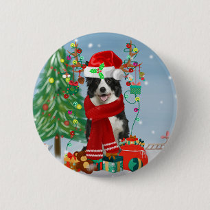 Border Collie Hund in Snow mit Weihnachtsgeschenke Button