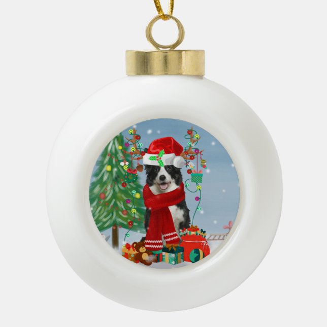 Border Collie Hund in Snow mit Weihnachtsgeschenke Keramik Kugel-Ornament (Vorderseite)