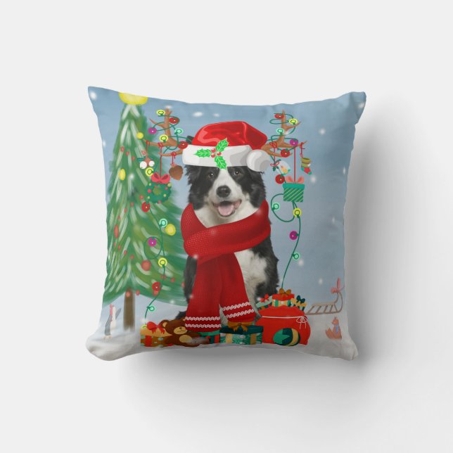 Border Collie Hund in Snow mit Weihnachtsgeschenke Kissen (Vorderseite)