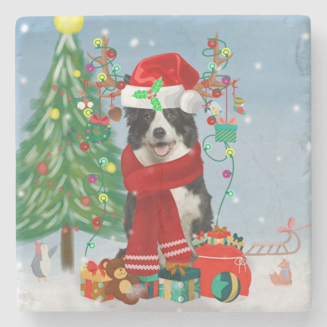 Border Collie Hund in Snow mit Weihnachtsgeschenke Steinuntersetzer (Vorderseite)