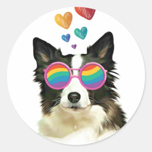 Border Collie  Hund mit Herzen Valentinstag  Runder Aufkleber