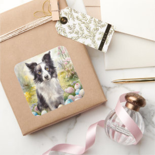 Border Collie Hund mit Ostereiern Feiertag Quadratischer Aufkleber