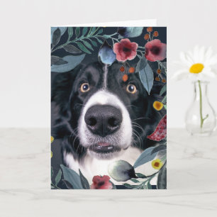 Border Collie Hund mit Wasserfarben-Rosenblüte Karte
