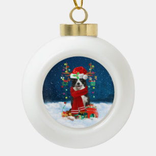 Border Collie Hund mit Weihnachtsgeschenken Keramik Kugel-Ornament