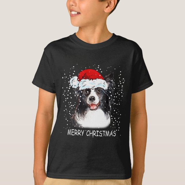 Border Collie Hund Santa Weihnachtsbeleuchtung Wei T-Shirt (Vorderseite)