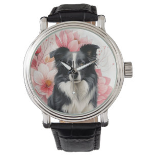 Border Collie Hund und kräftige rosa Lilien Armbanduhr