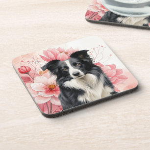 Border Collie Hund und kräftige rosa Lilien Getränkeuntersetzer