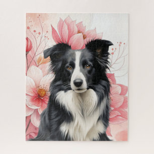 Border Collie Hund und kräftige rosa Lilien Puzzle