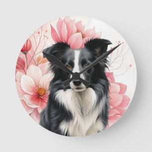 Border Collie Hund und kräftige rosa Lilien Runde Wanduhr