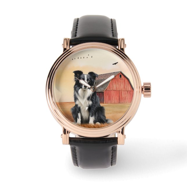 Border Collie Hund und rote Scheune Ranch Armbanduhr (Vorderseite)