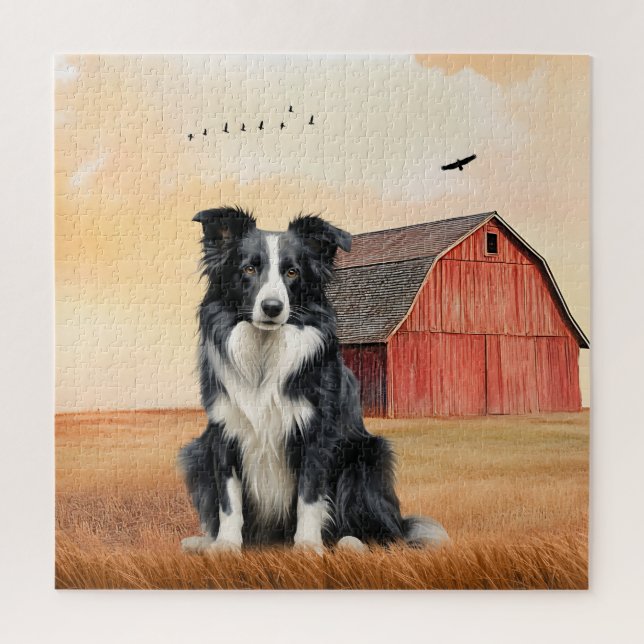 Border Collie Hund und rote Scheune Ranch Puzzle (Vertikal)