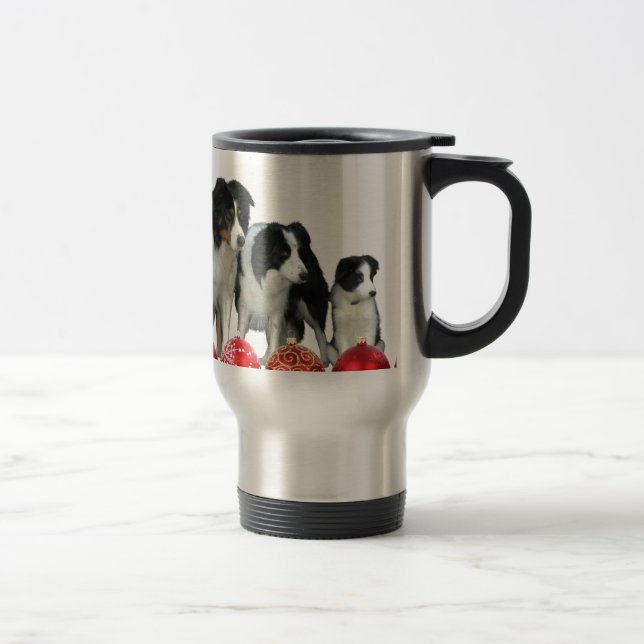 Border Collie Hunde mit Red Christmas Ornaments Reisebecher (Rechts)