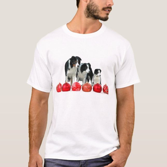 Border Collie Hunde mit Red Christmas Ornaments T-Shirt (Vorderseite)