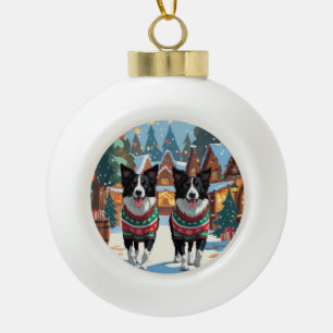 Border Collie Hunde Weihnachten Schnee Urlaub Keramik Kugel-Ornament