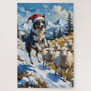 Border Collie Hütet Weihnachts-Schneebälle Hut Puzzle