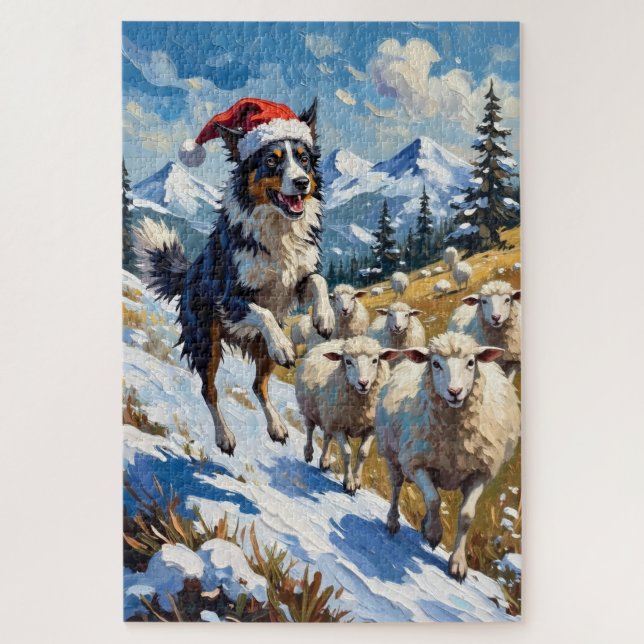 Border Collie Hütet Weihnachts-Schneebälle Hut Puzzle (Vertikal)