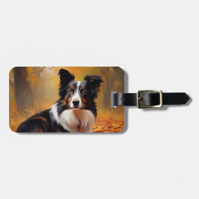 Border Collie im Herbst Leaves Fall Inspiriert Gepäckanhänger (Vorderseite horizontal)