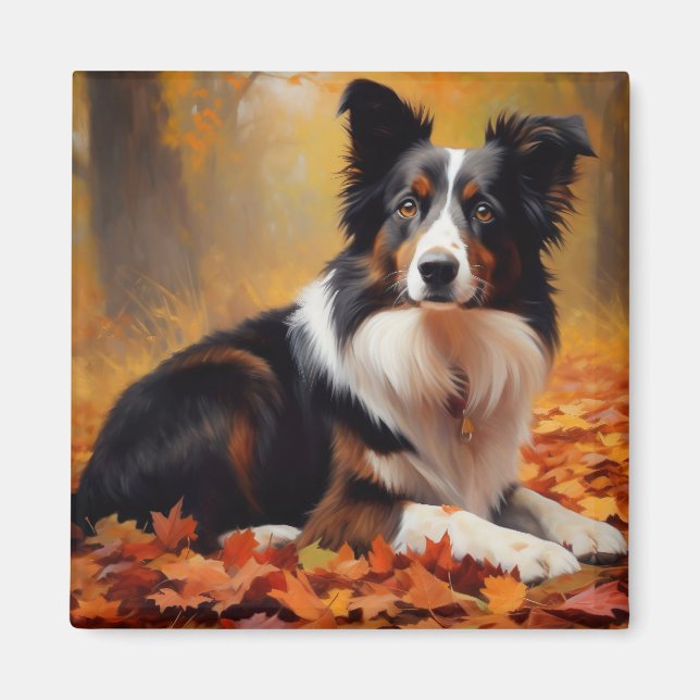 Border Collie im Herbst Leaves Fall Inspiriert Magnet (Vorne)