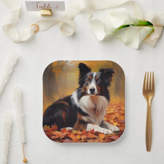 Border Collie im Herbst Leaves Fall Inspiriert Pappteller (Hochzeit)