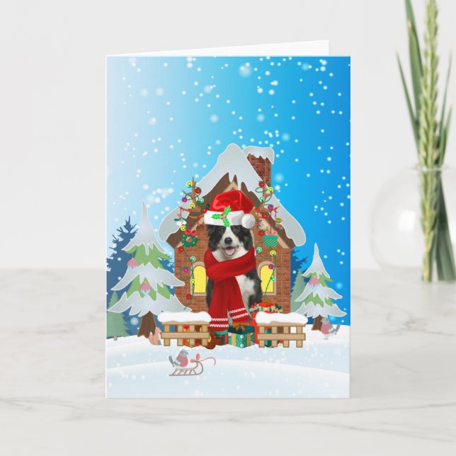 Border Collie im Schnee mit Weihnachtsgeschenken Karte (Vorderseite)