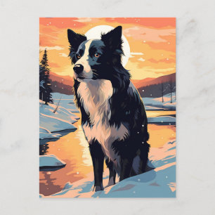 Border Collie im Schneewald bei Sonnenuntergang Postkarte