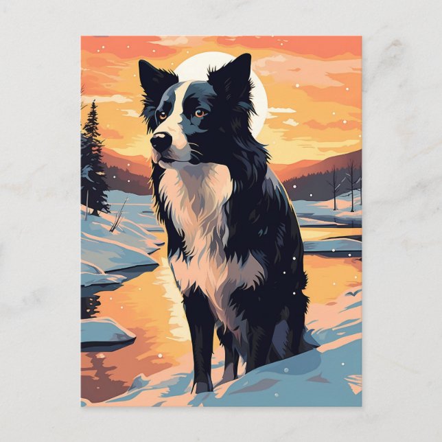 Border Collie im Schneewald bei Sonnenuntergang Postkarte (Vorderseite)