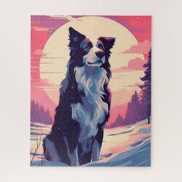 Border Collie im Schneewald bei Sonnenuntergang Puzzle