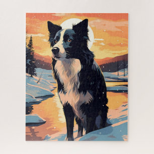 Border Collie im Schneewald bei Sonnenuntergang Puzzle