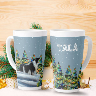 Border Collie im Winter-Schnee-Wald-Weihnachtsbaum Milchtasse