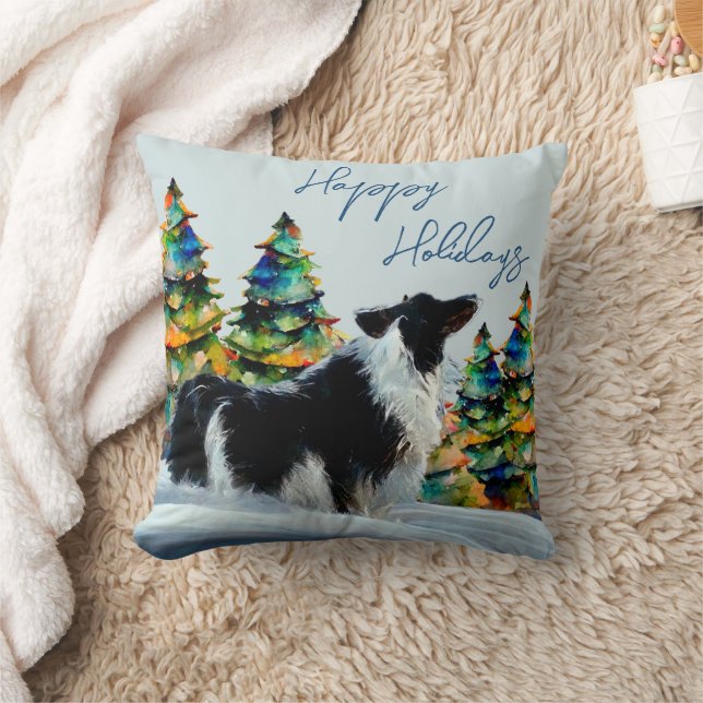 Border Collie im Winter Snow Weihnachtsbaum Kissen (Decke)