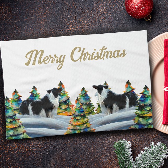 Border Collie im Winterschneewald Weihnachtsbaum Geschirrtuch (Von Creator hochgeladen)